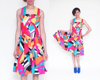 Vintage 80s COLOR BLOCK Abstract Colorful Halter Swing Dress // Tropical Geometric Leslie Lucks 50s Style Sun Dress - Size