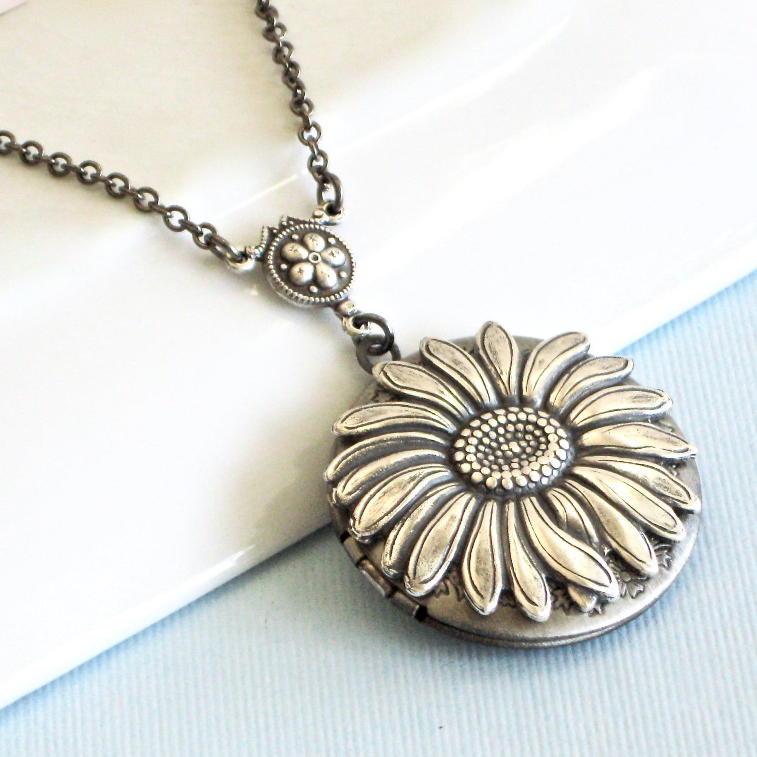 Sunflower Locket Necklace Silver Flower Jewelry Nature