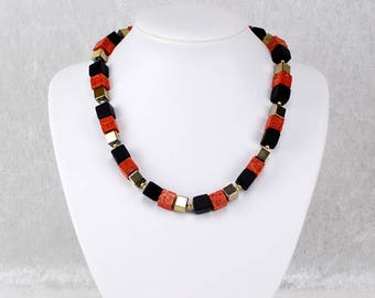 Eye-Catching Black Red Gold Cube Necklace – Geometric Crystal Necklace, Gemstone Necklace