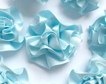 4 Large Light Blue Ribbon Ruffle Roses Rosettes Flowers 3.5cm - Card Making Embellishments Craft Sewing