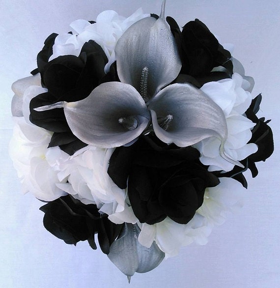 Black white roses white hydrangeas silver calla lilies Black white roses white hydrangeas silver calla lilies