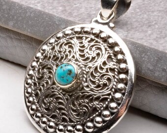 Reversible> Natural, Turquoise and Red Coral ,Tibetan Silver Pendant, Two Sided Pendant