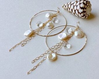 Keshi Pearl Dangle Earrings, Cornflake Pearl Hoops, Crystal Pearl Hoop Earrings, Extra Large Hoops Dangle
