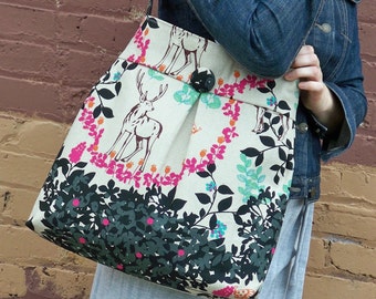 Last One - Woodland Diaper Bag - LG - 6 Pockets - Key Fob - Non Reversible - Cotton Linen Japanese Fabric