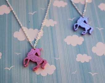 Purple / pink glitter acrylic unicorn necklace with silver chain - acrylic jewelry - acrylic jewellery