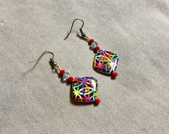 Black, green and Red Stud pearl earrings for pierced ears