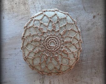 Crocheted Stone, Handmade, Unique Gift, Decorative Doily Rock, Bohemian Beach, Brown, Fiber Art, Gift, Miniature Art, Collectible, Monicaj
