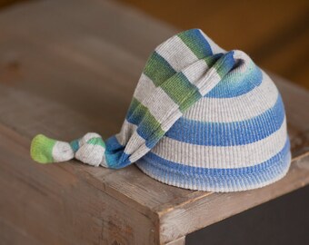 Striped Newborn Hat, Newborn Boy Hat, Upcycled Newborn Hat, Gray Blue Green Striped Hat, Newborn Photography Prop, Newborn Photo Prop, Knot