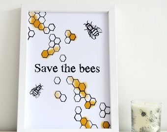 Bee Illustration Save The Bees Archival Print 8x11