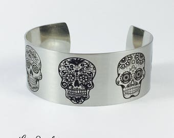 Sugar Skulls Bracelet, Cuff Bracelet, Silver Cuff, Sugar Skull Jewelry, Bracelet, Metal Cuff Bracelet, Sugar Skulls, Skull