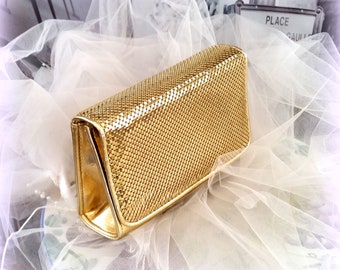 WHITING & DAVIS CLUTCH - Gold Tone Metallic Mesh - Vintage Purse - Designer Handbag