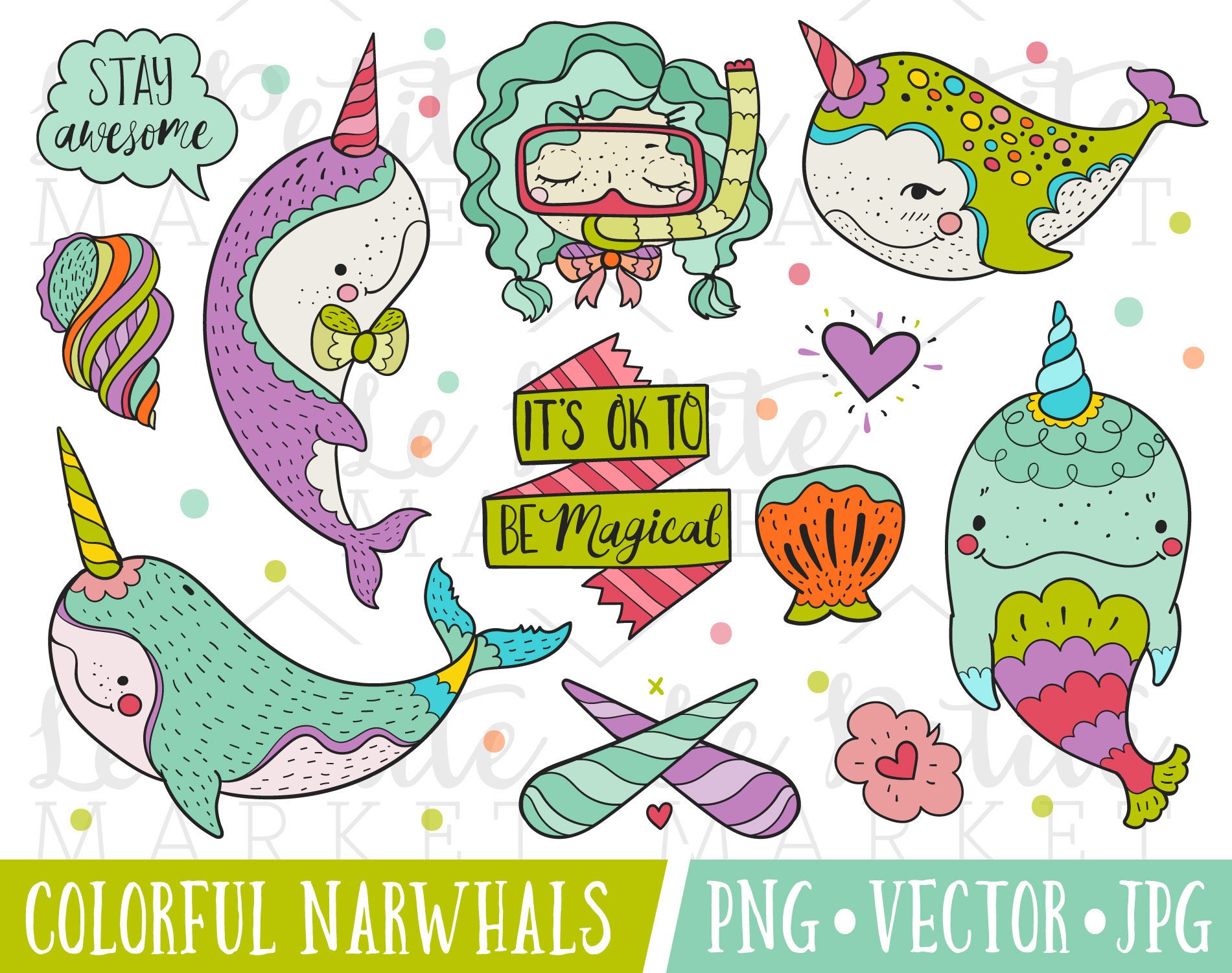 Narwhal Illustration Set Cute Narwhal Clipart Set Colorful