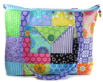 Quilted Tote Bag Large Purple Blue Green Pink Flowers