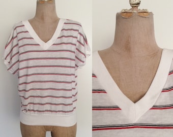 1980's Cotton Poly Striped Top Red White & Blue Vintage Shirt Size Small Medium by Maeberry Vintage