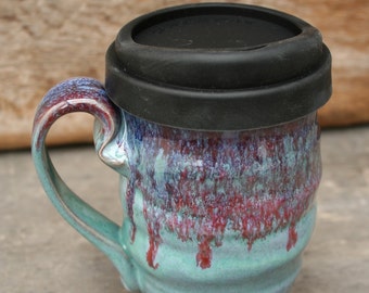Pottery travel mug- take your favorite mug with you! Ceramic to-go cup in 'patina' with silicon lid & handle.