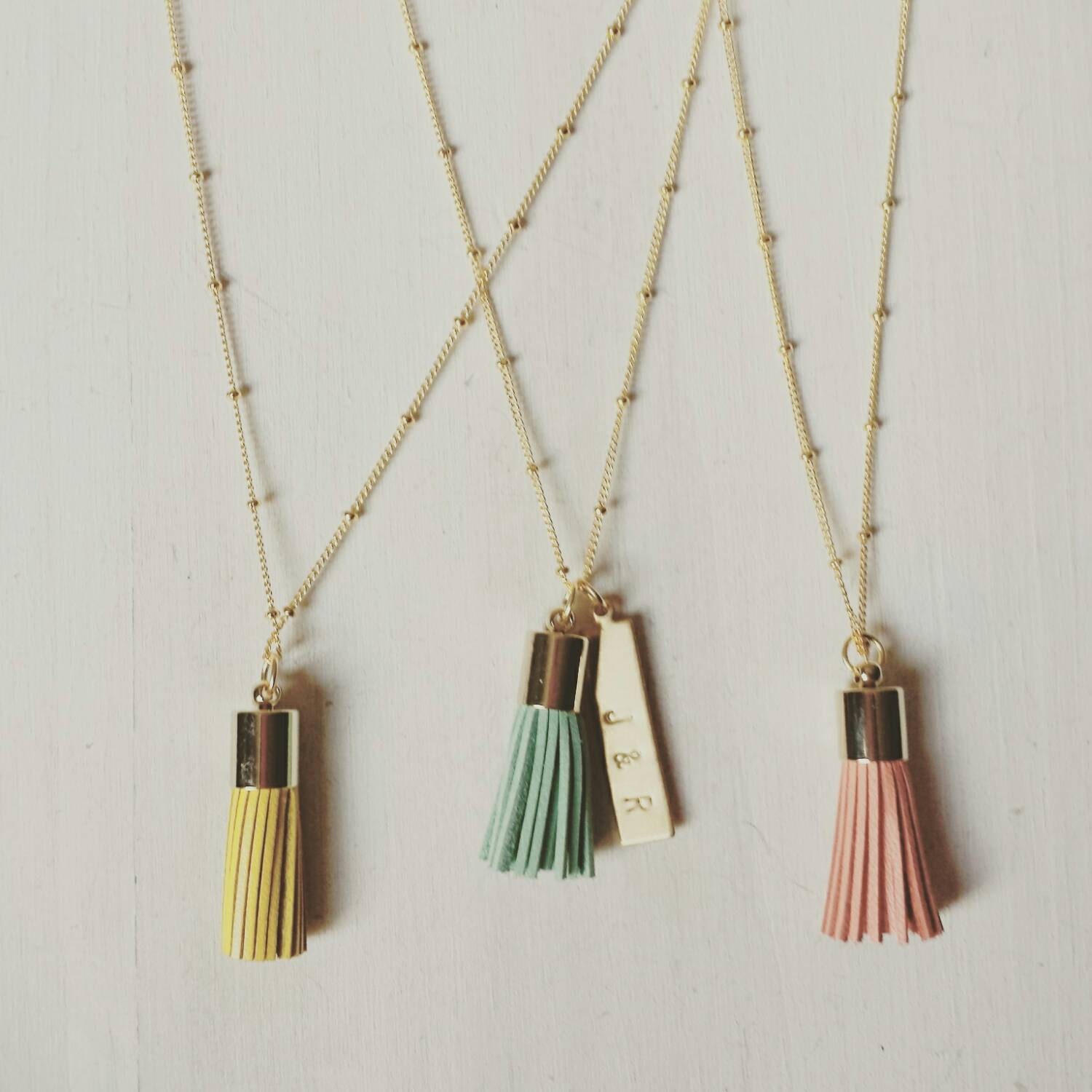 Tassel pendant necklace with personalized brass bar in coral