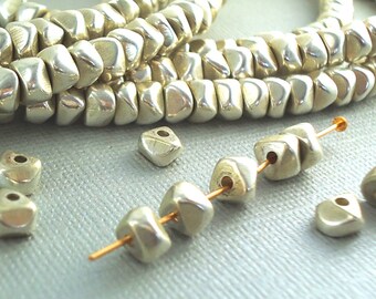 20 Silver plated Brass Beads 6mm Faceted Nugget Chips Chunky Polished Spacer Disk Quality Silver Heishi Disc Beads BOHO Natural Beads