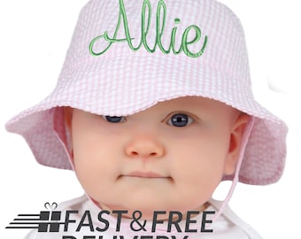 PERSONALIZED Pink & White Seersucker Personalized Sun Hat for Baby and Toddler Girls- Name or Monogram - Baby Girl Sun Hat - Toddler Sun Hat