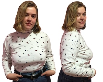 white floral vintage turtleneck mockneck long sleeve delicate flower print, XL, XXL, XXXL, plus size