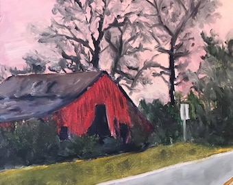 Old Red Barn Oil Painting