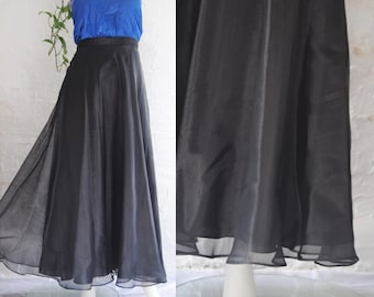 90s chiffon maxi skirt -- vintage long black skirt, minimalist, sheer overlay, ruffled hem, medium/large