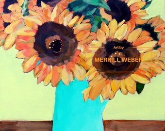 Original Floral Painting Framed, SUNNY DAY, Sunflowers in a Turquoise Pitcher Van Gogh Style, Flower Arrangement Painting FREE Shipping