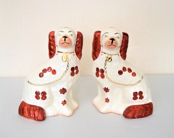 Pair of Antique Staffordshire Wally Dogs, vintage, White and Brown, Fireplace Dogs, Mantel Dogs, Mantelpiece Dogs, Pair Spaniel Figurines