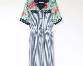 1980s Floral Shoulder Striped Dress
