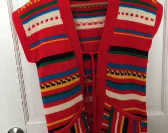 Vintage 1970s Boho Sweater Vest, Striped Women's Sweater Vest with Pockets, Tie Front Vest, Retro Hippie Boho Sweater Vest, Hipster Vest