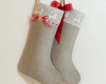 Christmas stocking Scandinavian Christmas stocking Linen burlap stocking Lace Christmas stocking