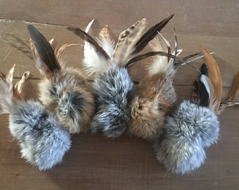 Natural Rabbit Fur, Feathers,Fur/Feather Cat Toy, Handmade Cat Toys, 5 per pack, Birbit