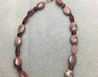 Mauve Snakeskin Jasper and Glass Necklace