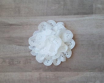 4" White Eyelet Flower, large flower puff, White fabric flower, Eyelet flower, DIY supplies, Headband flower, Flower Hair Clip, White flower