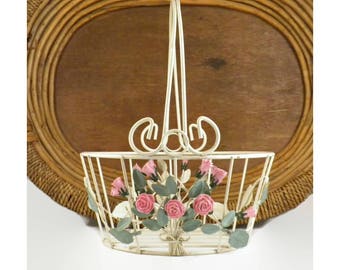 White Metal Basket, With Pink Roses and Handle - Rose Basket, Shabby Basket, White Basket, Metal Basket, Rose Decor, Floral Basket, Vintage