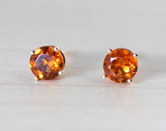 Spessartite Mandarin Orange Garnet 5mm 14k Yellow Gold Stud Earrings