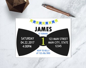 Bow Tie Party Invitation, 1st Birthday Printable Invite, Little Man Bow Tie Birthday Invite, Little Gentleman Invitation, Boy Birthday