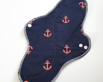 Mama Cloth Pad With Wings .. 14 inches Postpartum Heavy Flow - Navy Nautical Flannel FREE SHIPPING