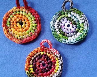 Three Multicolored Plarn Dish Scrubbies, recycled plastic bags, upcycled dish scrubby pot scrubbers