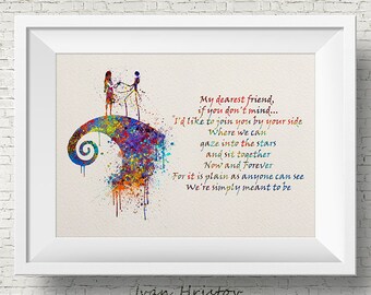 The Nightmare Before Christmas Colorful Quote inspired, Jack and Sally, Quote, Watercolor print,Nursery art, Kids Room Decor, Poster, print