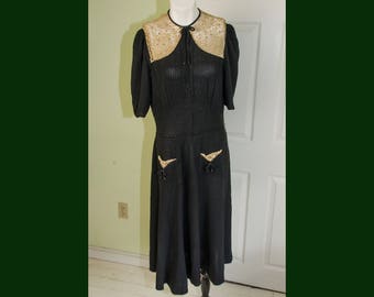 Vintage 1930's Womans Black Crepe Swing Dress with Crochet and Rhinestone