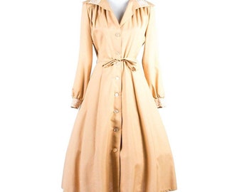 Vintage 1970s Caramel Coat Dress with Lace Accents