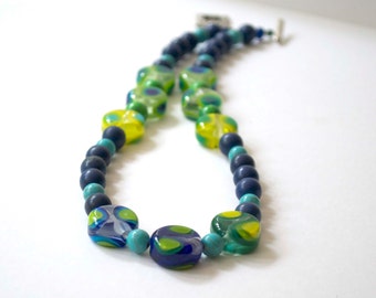 Blue Green Necklace, Lampwork Glass Necklace, Beaded Necklace, Mod Necklace, Stone Bead Necklace, Polka Dot Necklace