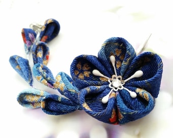 Ocean Navy Deep Blue Gold Red Purple Cherry Blossom Festival Kanzashi Flower Hair Clip