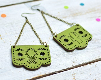 Cactus Green Earrings, Papel Picado, Mexican Bunting Jewellery, Dia De Los Muertos, Dangle Earrings, Nickel Free