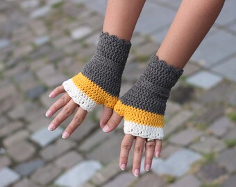 Wool wristwarmers in gray yellow and off white, crocheted fingerless gloves, office gloves, striped wrist warmers