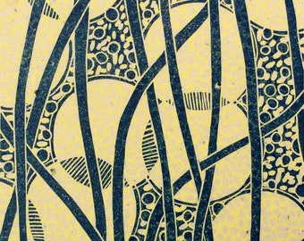 linocut - LUMINARIES // 8x10 art print // printmaking // block print // blue, yellow // original art // luminary // lantern // illumination