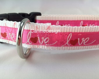 Valentine's Dog Collar, Cursive Love, 1 inch wide, adjustable, quick release, medium, 13-19 inches
