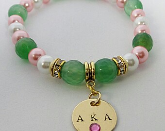 Alpha Kappa Alpha Sorority Charm Bracelet, Hand Stamped, AKA Charm, AKA Beaded Bracelet, Sorority Bracelet, Divine 9, Pink and Green