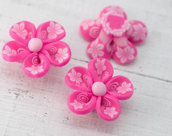 Pink Flower Beads, 10 pcs, 20mm, Polymer Clay Floral beads -B15