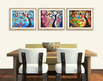 Set of 3 Prints, Cherry Tree of Life Giclee Prints, Whimsical Tree Art, Rustic Country Tree Prints Wall Decor